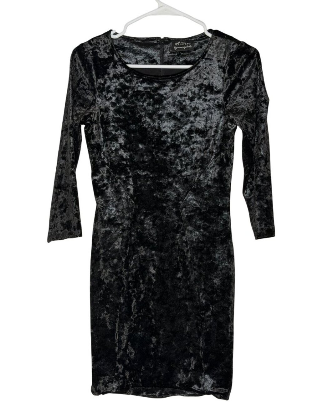 Torn by Ronny Kobo Crushed Velvet 3/4 Sleeve Black Bodycon Mini Dress Size Small